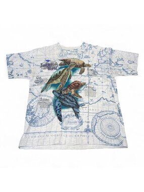 Vintage 90's Sea Turtle All Over Print Graphic T-Shirt Womens Large Beach Summer